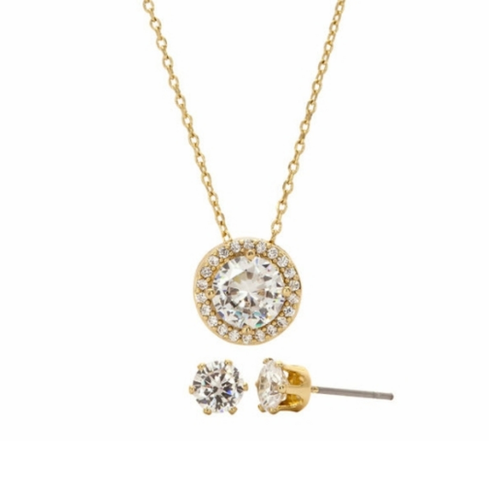Diamond Halo Pendant Necklace and Earring Set